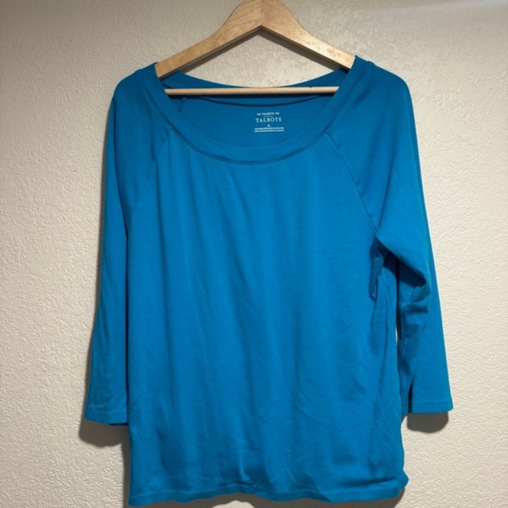 Talbots Vibrant Blue Scoop Neck 3/4 Sleeve Top 100% Prima Cotton